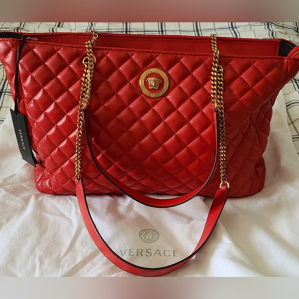 Versace Red Quilted Tote with Gold Accents